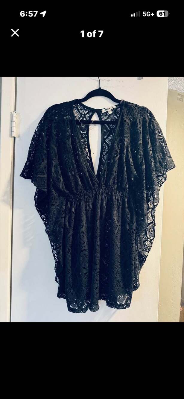 Miken Swim Women's Black Lace Crochet Caftan Beach Cover-Up Dress